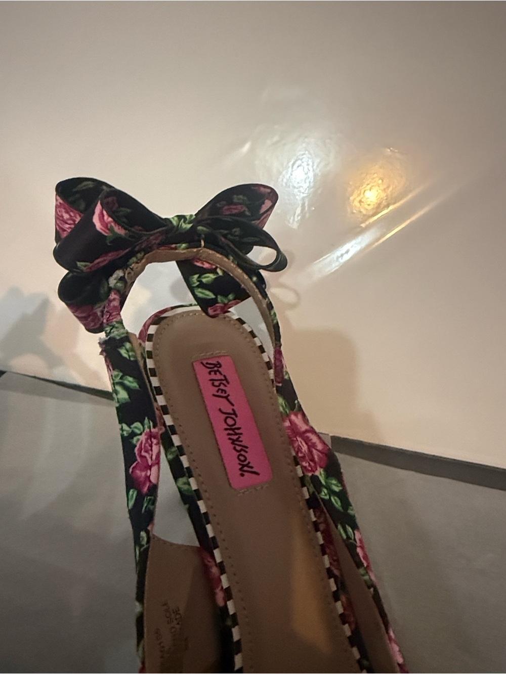 Betsey Johnson Black Floral Pointed-Toe Slingback Heels with Pink Roses - Picture 5 of 10